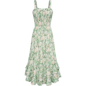 GRACE KARIN Women’s 2026 Summer Floral Boho Dress Square Neck Strapped Swing A Line Sundress Beach Long Maxi Outfits(Green White)