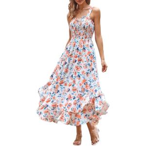 GRACE KARIN Women’s 2026 Summer Floral Boho Dress Square Neck Strapped Swing A Line Sundress Beach Long Maxi Outfits(Orange Floral)