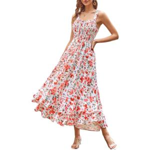 GRACE KARIN Women’s 2026 Summer Floral Boho Dress Square Neck Strapped Swing A Line Sundress Beach Long Maxi Outfits(Pink Floral)