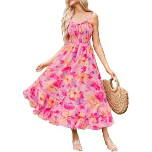 GRACE KARIN Women’s 2026 Summer Floral Boho Dress Square Neck Strapped Swing A Line Sundress Beach Long Maxi Outfits(Pink Yellow)