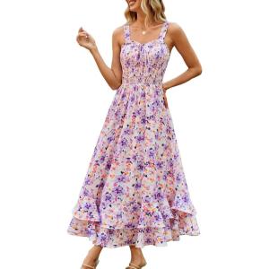 GRACE KARIN Women’s 2026 Summer Floral Boho Dress Square Neck Strapped Swing A Line Sundress Beach Long Maxi Outfits(Purple Yellow)