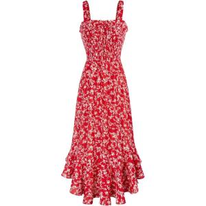 GRACE KARIN Women’s 2026 Summer Floral Boho Dress Square Neck Strapped Swing A Line Sundress Beach Long Maxi Outfits(Red)