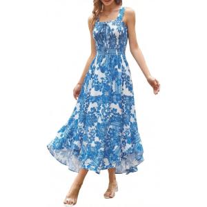 GRACE KARIN Women’s 2026 Summer Floral Boho Dress Square Neck Strapped Swing A Line Sundress Beach Long Maxi Outfits(White Blue)
