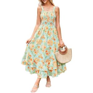 GRACE KARIN Women’s 2026 Summer Floral Boho Dress Square Neck Strapped Swing A Line Sundress Beach Long Maxi Outfits(Yellow Floral)