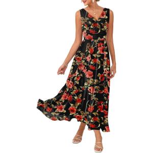 GRACE KARIN Women’s Summer Sleeveless Floral Maxi Dress V Neck Formal Wedding Guest Dress A Line Beach Vacation Clothes(Red Floral)