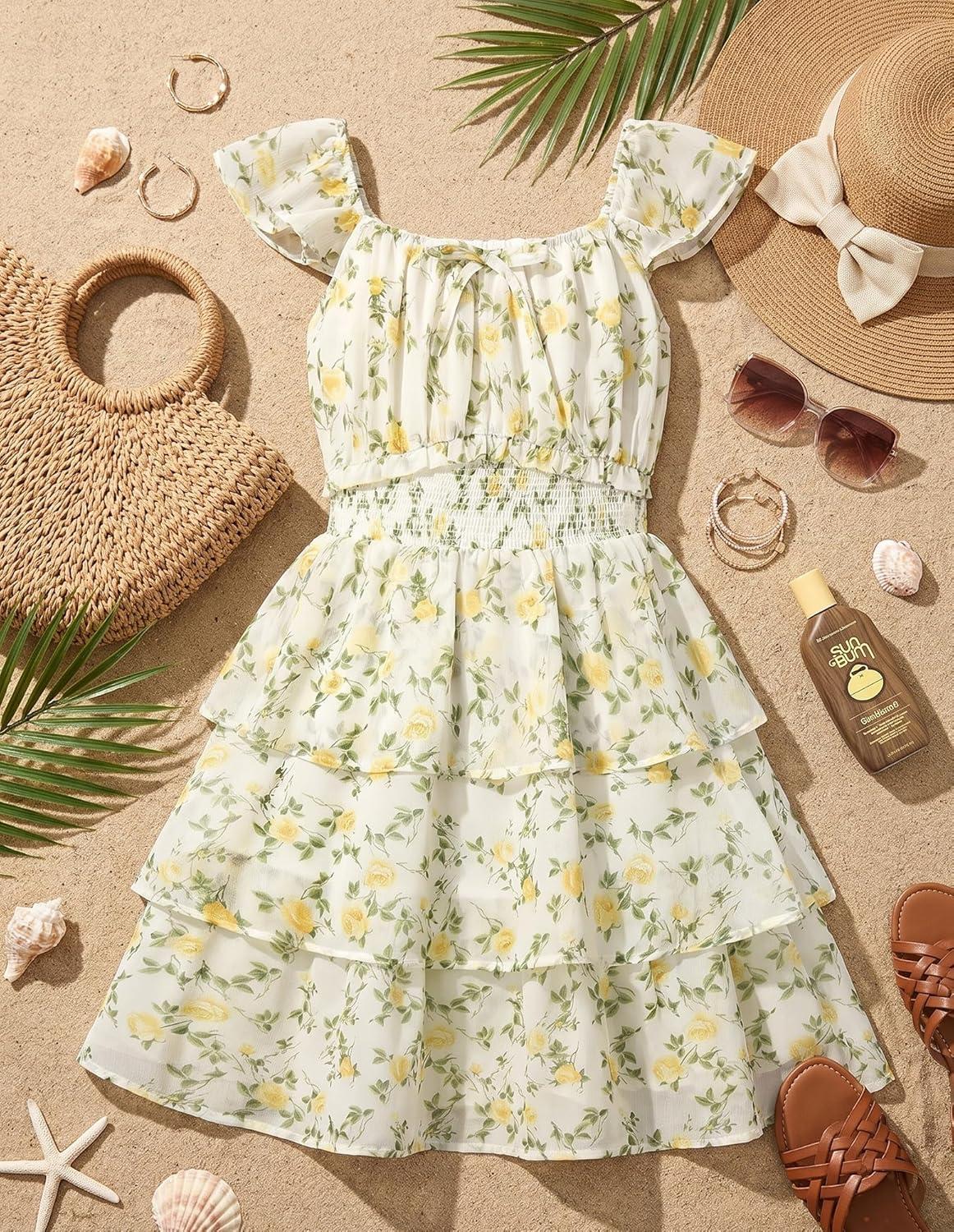 imageGRACE KARIN Girls Spring Summer Floral Dress Teen Ruffle Smocked 3 Layerr Dresses Kids Cute Boho Easter Clothes Size 714Fresh Yellow Flowers
