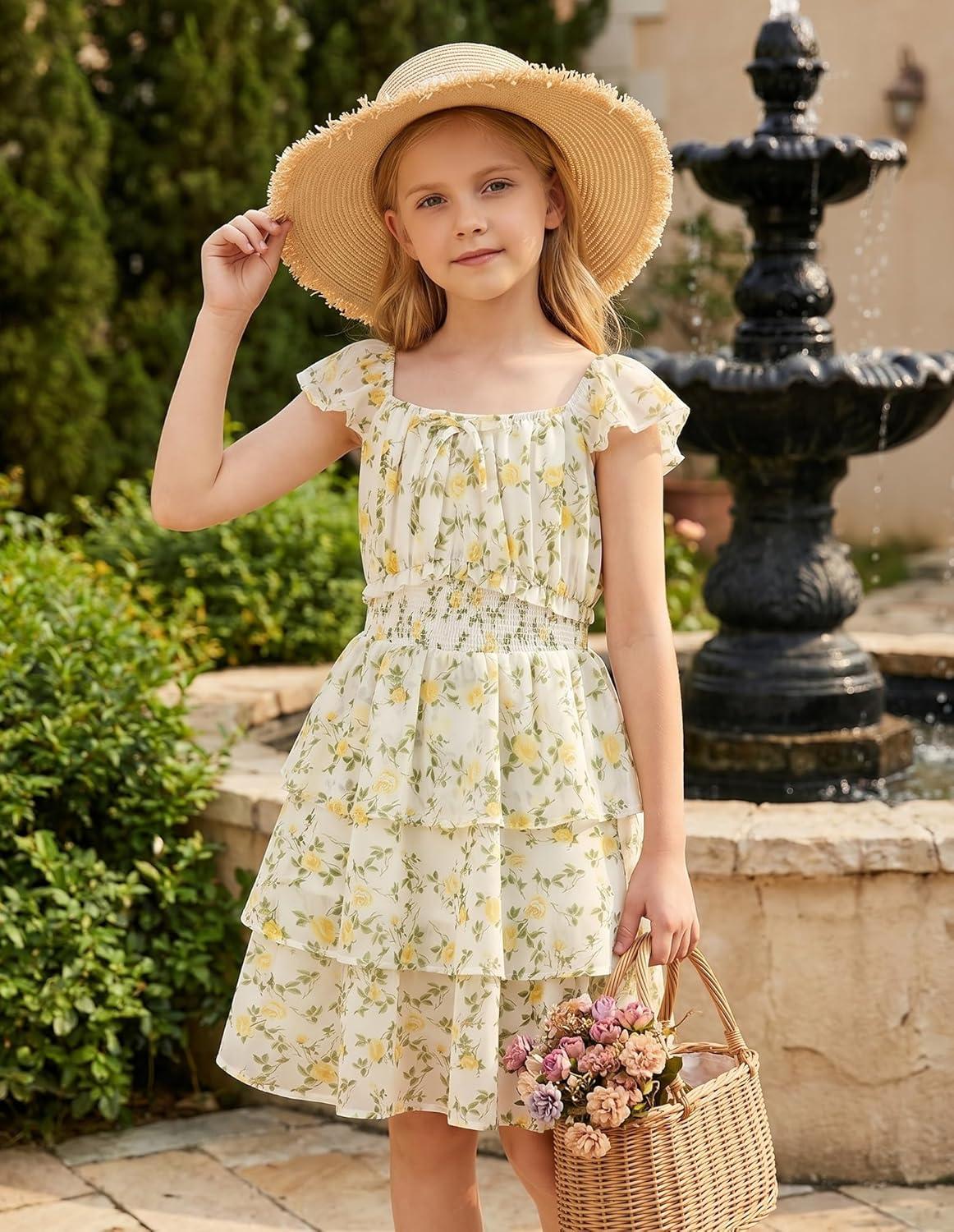 imageGRACE KARIN Girls Spring Summer Floral Dress Teen Ruffle Smocked 3 Layerr Dresses Kids Cute Boho Easter Clothes Size 714Fresh Yellow Flowers