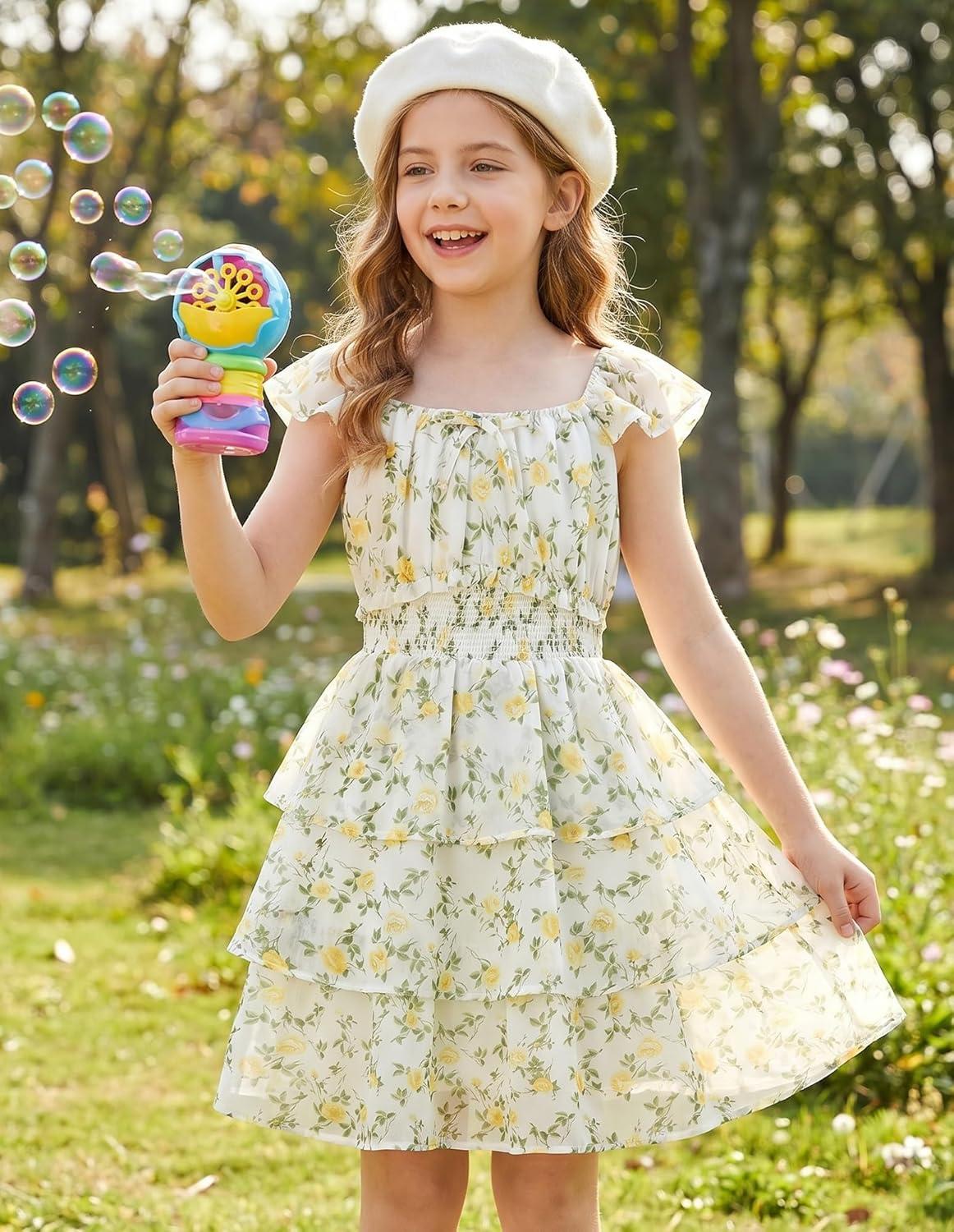 imageGRACE KARIN Girls Spring Summer Floral Dress Teen Ruffle Smocked 3 Layerr Dresses Kids Cute Boho Easter Clothes Size 714Fresh Yellow Flowers