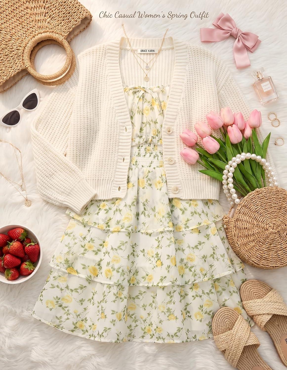 imageGRACE KARIN Girls Spring Summer Floral Dress Teen Ruffle Smocked 3 Layerr Dresses Kids Cute Boho Easter Clothes Size 714Fresh Yellow Flowers