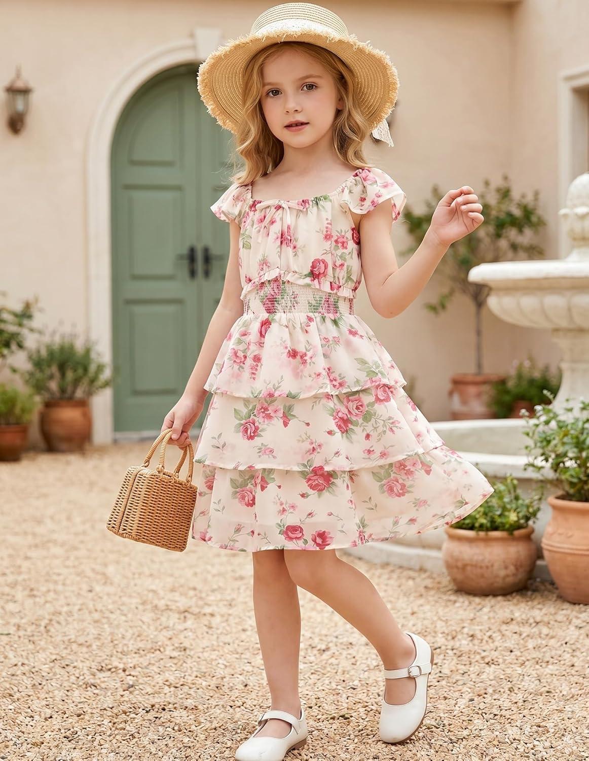 imageGRACE KARIN Girls Spring Summer Floral Dress Teen Ruffle Smocked 3 Layerr Dresses Kids Cute Boho Easter Clothes Size 714Gentle Pink Roses
