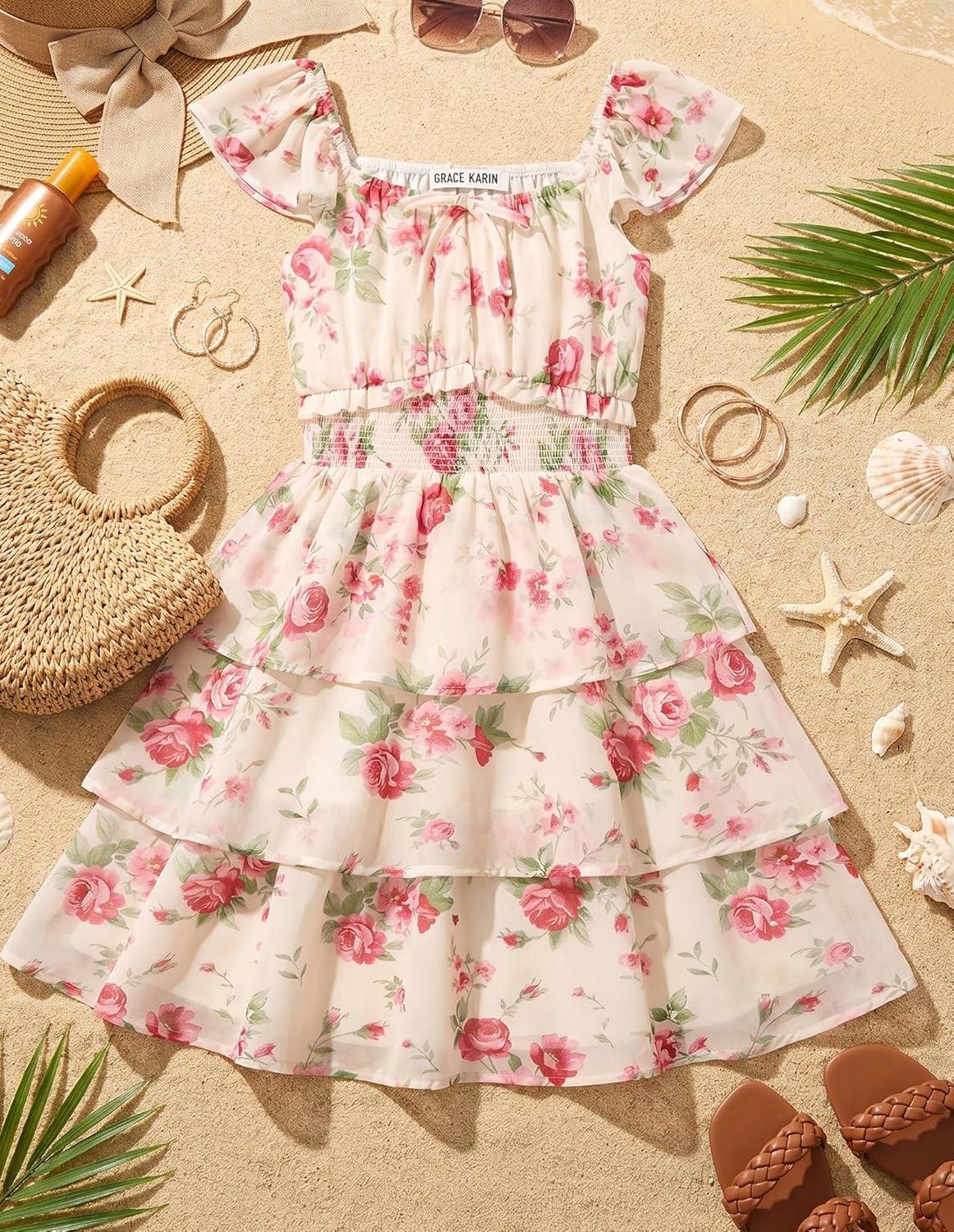 imageGRACE KARIN Girls Spring Summer Floral Dress Teen Ruffle Smocked 3 Layerr Dresses Kids Cute Boho Easter Clothes Size 714Gentle Pink Roses