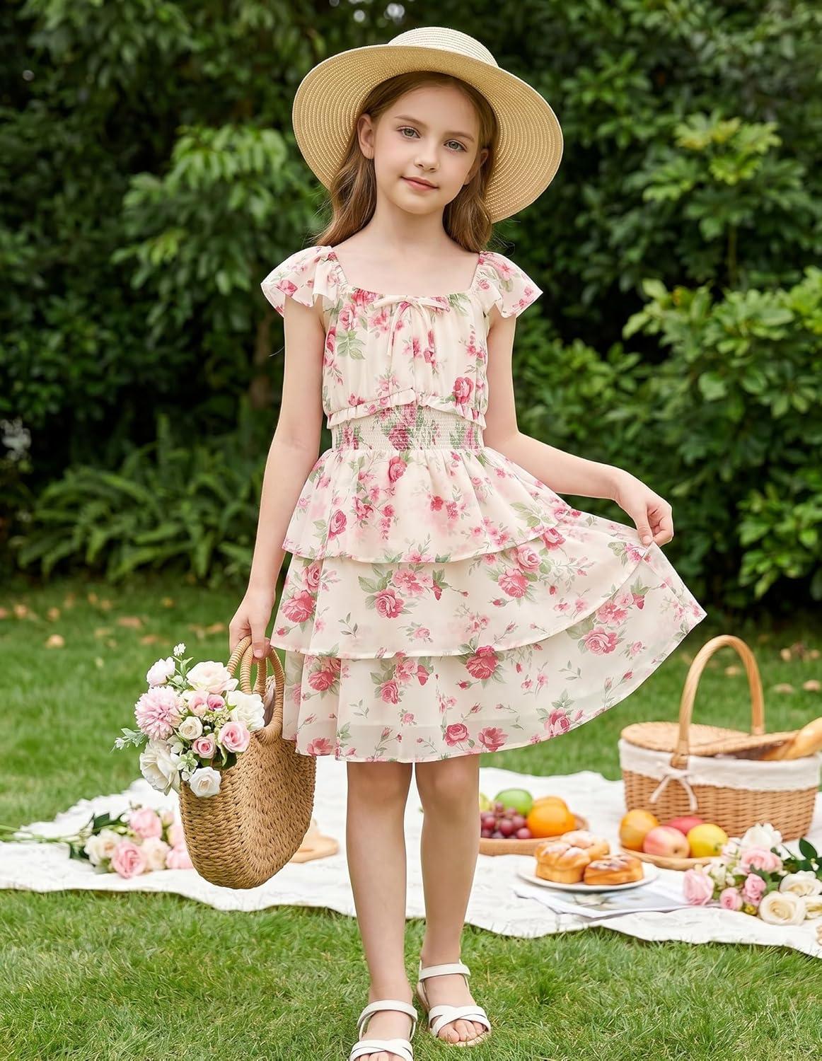 imageGRACE KARIN Girls Spring Summer Floral Dress Teen Ruffle Smocked 3 Layerr Dresses Kids Cute Boho Easter Clothes Size 714Gentle Pink Roses