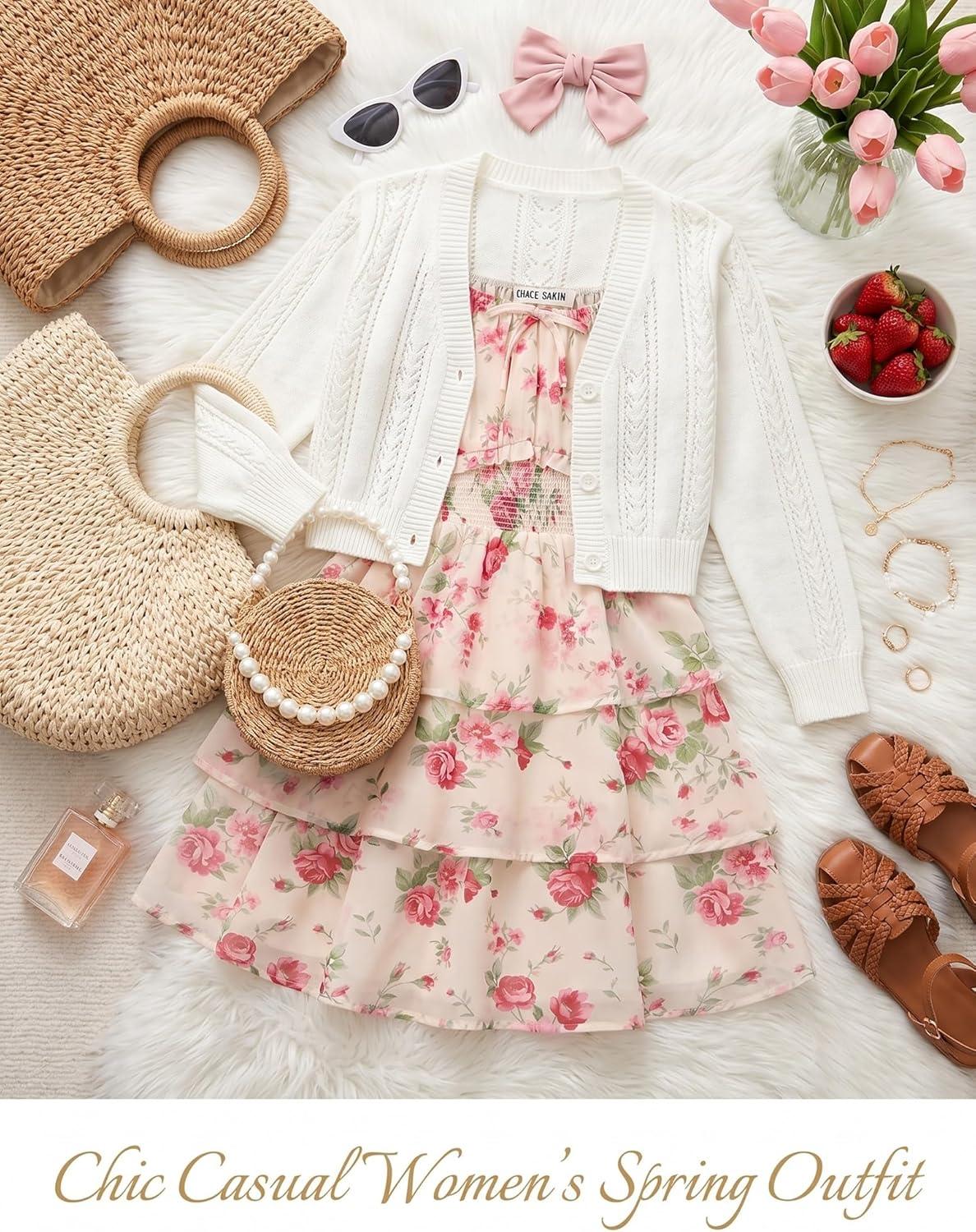 imageGRACE KARIN Girls Spring Summer Floral Dress Teen Ruffle Smocked 3 Layerr Dresses Kids Cute Boho Easter Clothes Size 714Gentle Pink Roses