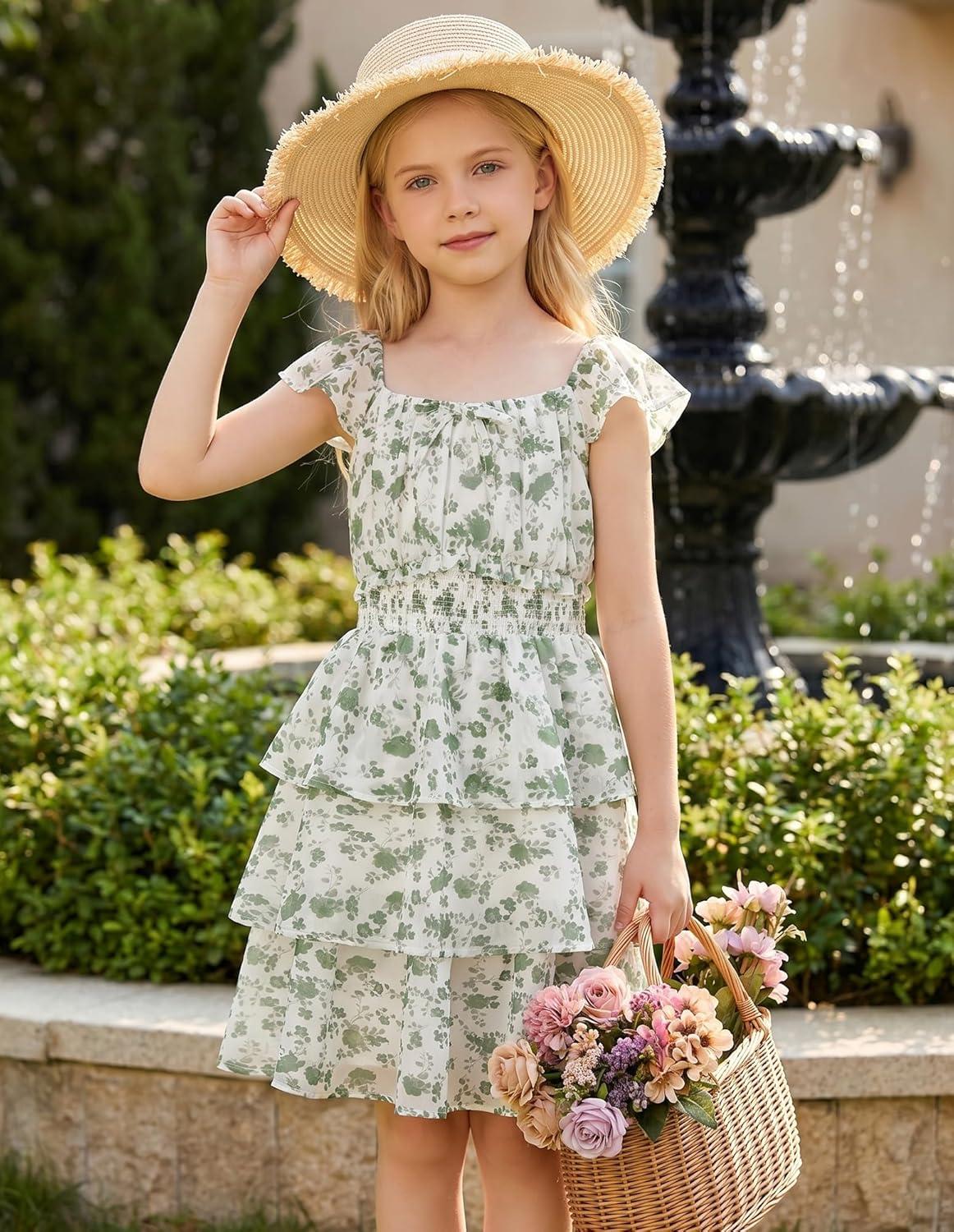 imageGRACE KARIN Girls Spring Summer Floral Dress Teen Ruffle Smocked 3 Layerr Dresses Kids Cute Boho Easter Clothes Size 714Green Floral Print