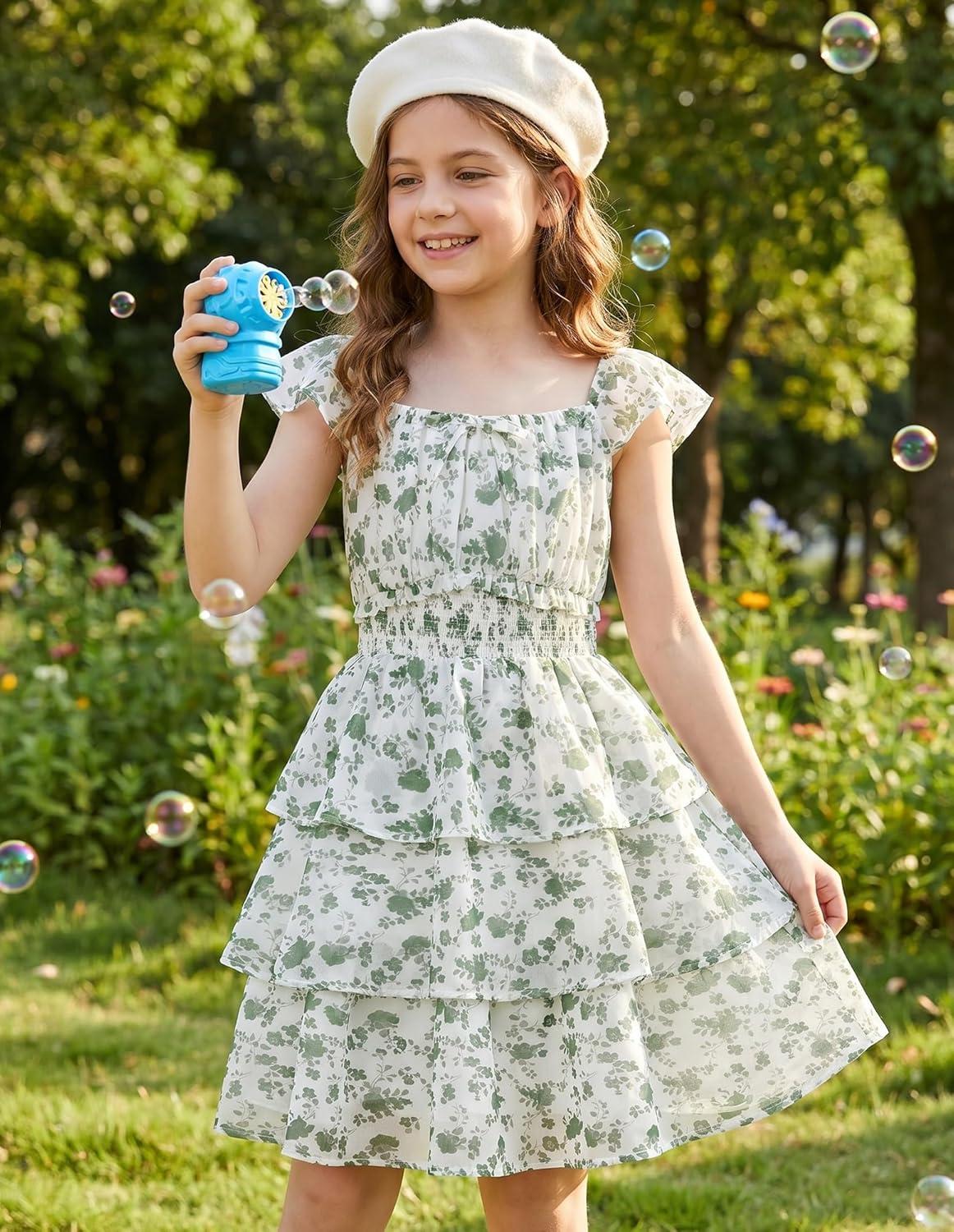 imageGRACE KARIN Girls Spring Summer Floral Dress Teen Ruffle Smocked 3 Layerr Dresses Kids Cute Boho Easter Clothes Size 714Green Floral Print
