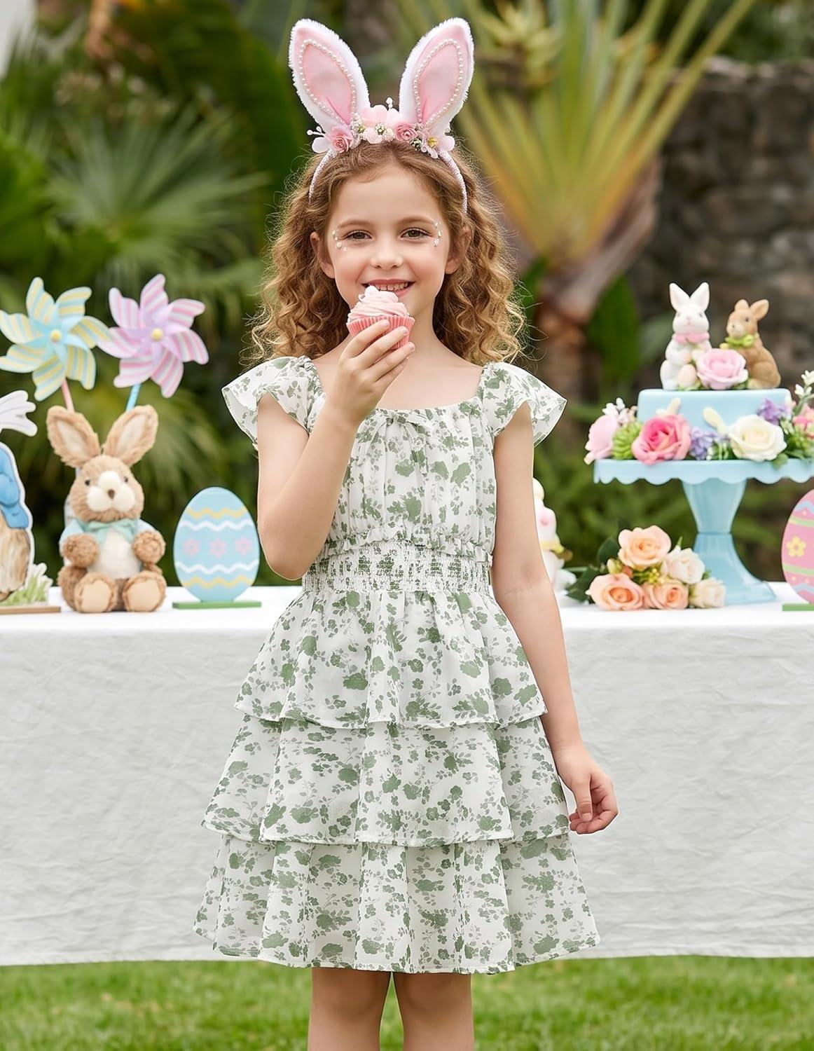 imageGRACE KARIN Girls Spring Summer Floral Dress Teen Ruffle Smocked 3 Layerr Dresses Kids Cute Boho Easter Clothes Size 714Green Floral Print