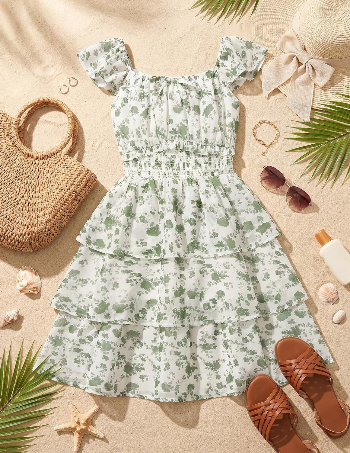 imageGRACE KARIN Girls Spring Summer Floral Dress Teen Ruffle Smocked 3 Layerr Dresses Kids Cute Boho Easter Clothes Size 714Green Floral Print