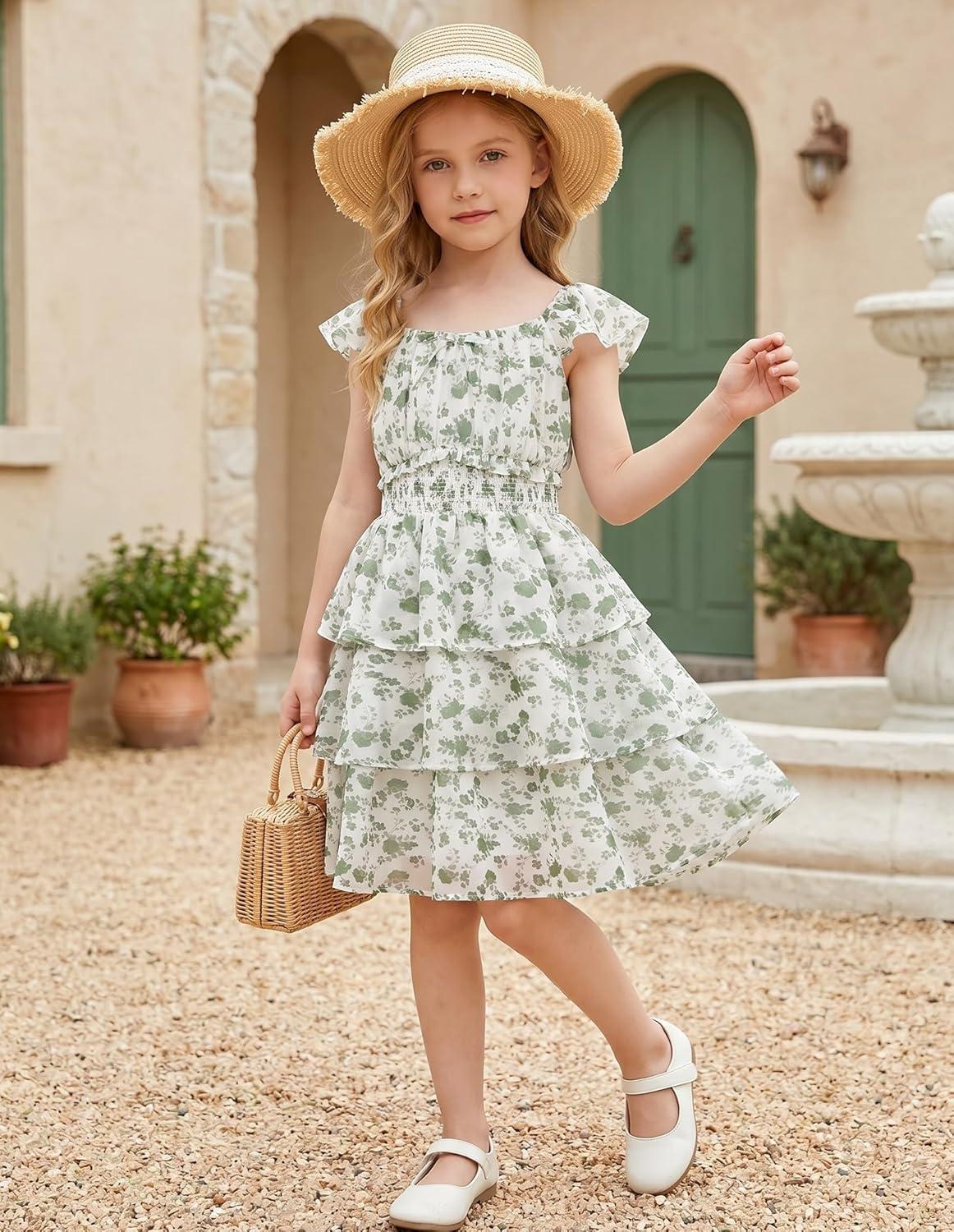 imageGRACE KARIN Girls Spring Summer Floral Dress Teen Ruffle Smocked 3 Layerr Dresses Kids Cute Boho Easter Clothes Size 714Green Floral Print