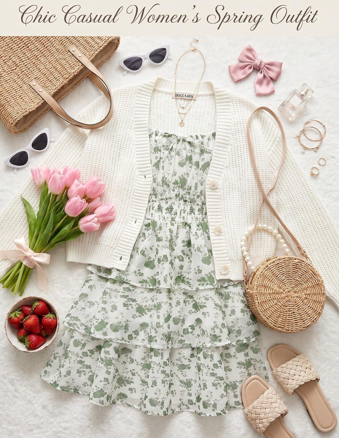 imageGRACE KARIN Girls Spring Summer Floral Dress Teen Ruffle Smocked 3 Layerr Dresses Kids Cute Boho Easter Clothes Size 714Green Floral Print