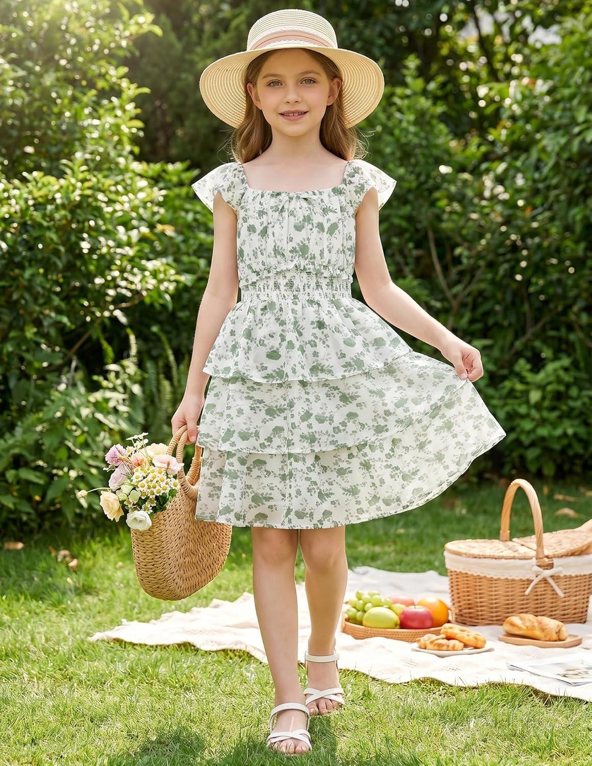 imageGRACE KARIN Girls Spring Summer Floral Dress Teen Ruffle Smocked 3 Layerr Dresses Kids Cute Boho Easter Clothes Size 714Green Floral Print