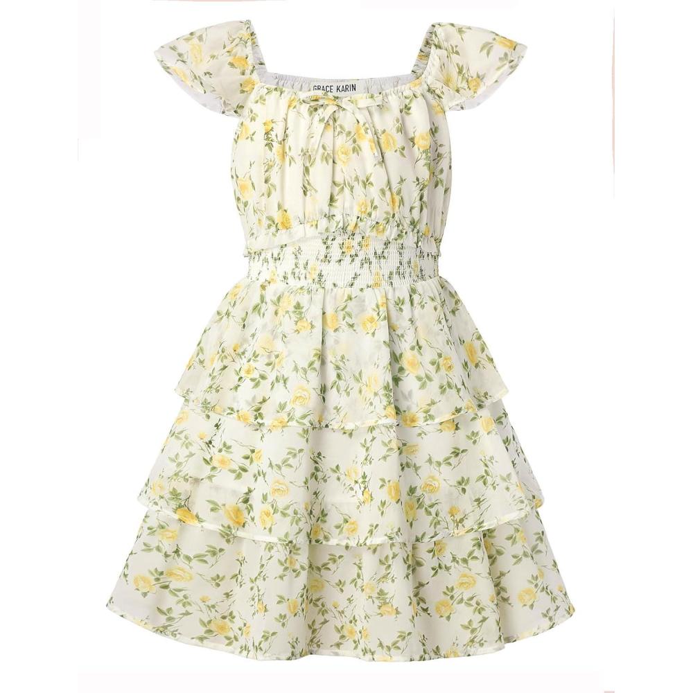 imageGRACE KARIN Girls Spring Summer Floral Dress Teen Ruffle Smocked 3 Layerr Dresses Kids Cute Boho Easter Clothes Size 714Fresh Yellow Flowers