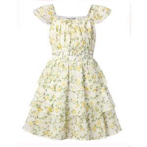 GRACE KARIN Girls Spring Summer Floral Dress Teen Ruffle Smocked 3 Layerr Dresses Kids Cute Boho Easter Clothes Size 7-14(Fresh Yellow Flowers)