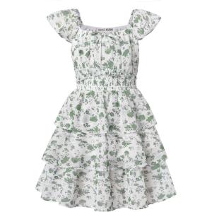 GRACE KARIN Girls Spring Summer Floral Dress Teen Ruffle Smocked 3 Layerr Dresses Kids Cute Boho Easter Clothes Size 7-14(Green Floral Print)