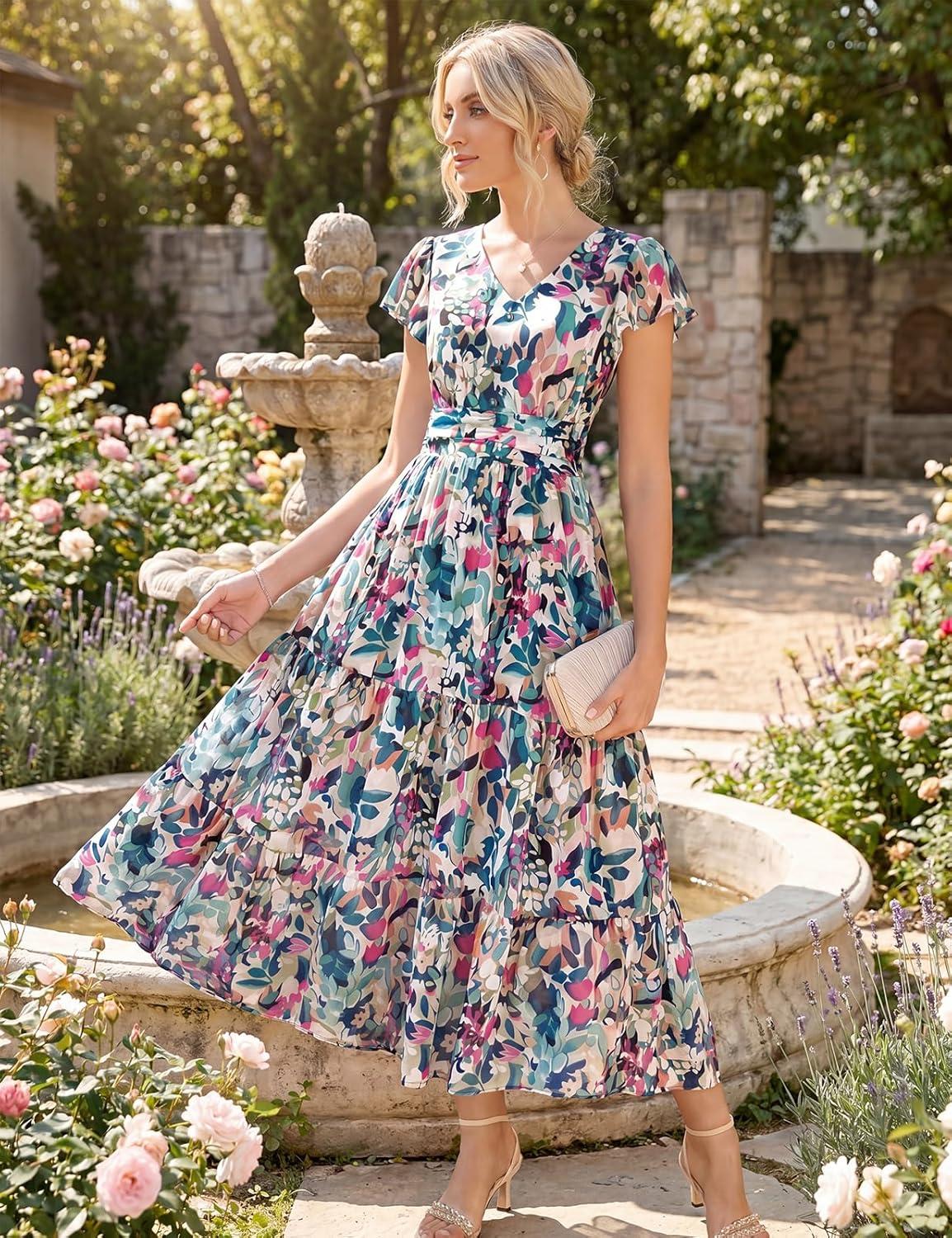 imageGRACE KARIN 2026 Women Summer DressMaxi Short Sleeve Floral DressesSemi Formal Flowy Wedding Guest Dress with PocketDark Green Dense Dotted Flowers