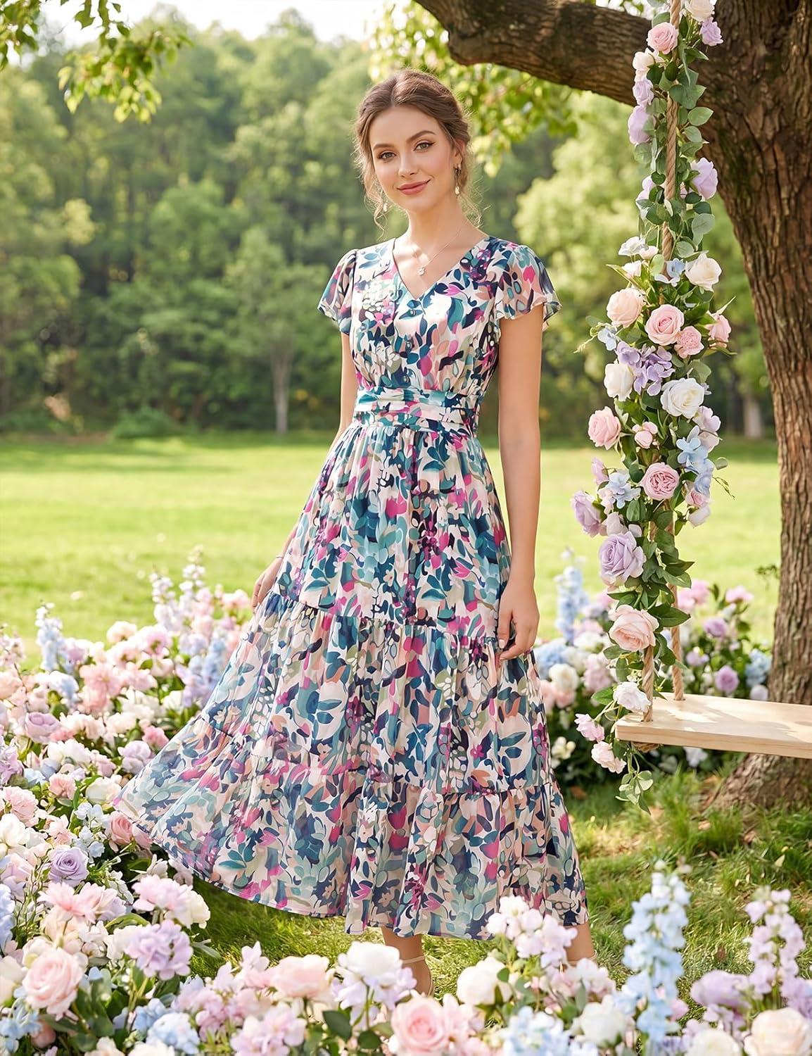 imageGRACE KARIN 2026 Women Summer DressMaxi Short Sleeve Floral DressesSemi Formal Flowy Wedding Guest Dress with PocketDark Green Dense Dotted Flowers