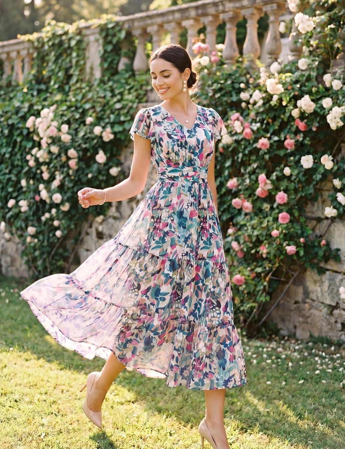 imageGRACE KARIN 2026 Women Summer DressMaxi Short Sleeve Floral DressesSemi Formal Flowy Wedding Guest Dress with PocketDark Green Dense Dotted Flowers