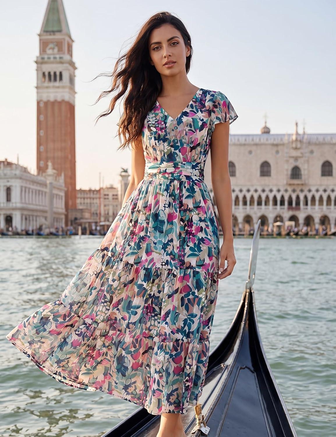 imageGRACE KARIN 2026 Women Summer DressMaxi Short Sleeve Floral DressesSemi Formal Flowy Wedding Guest Dress with PocketDark Green Dense Dotted Flowers