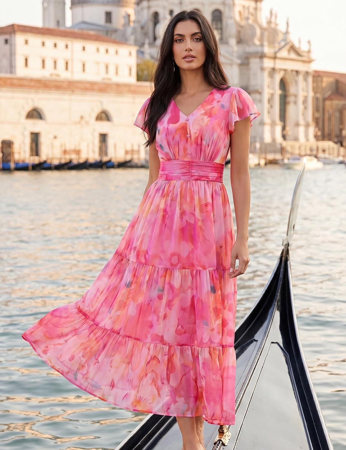 imageGRACE KARIN 2026 Women Summer DressMaxi Short Sleeve Floral DressesSemi Formal Flowy Wedding Guest Dress with PocketPink Orange Floral