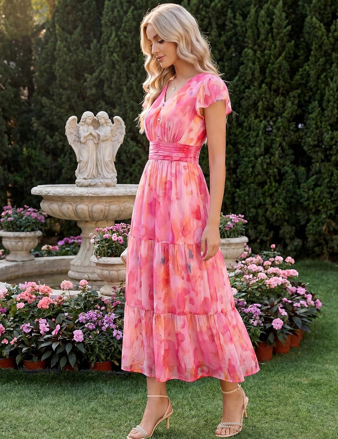 imageGRACE KARIN 2026 Women Summer DressMaxi Short Sleeve Floral DressesSemi Formal Flowy Wedding Guest Dress with PocketPink Orange Floral