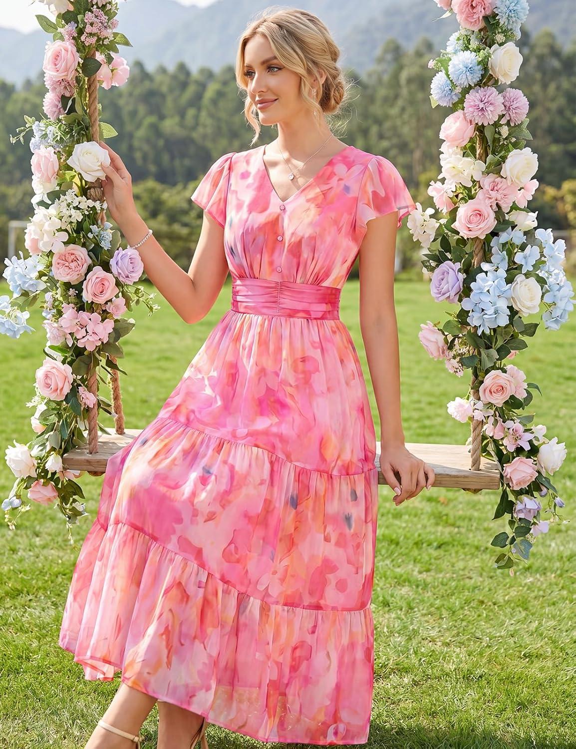 imageGRACE KARIN 2026 Women Summer DressMaxi Short Sleeve Floral DressesSemi Formal Flowy Wedding Guest Dress with PocketPink Orange Floral