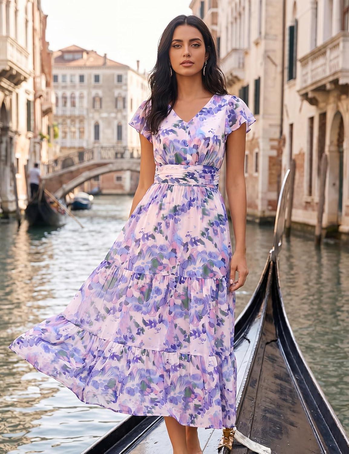 imageGRACE KARIN 2026 Women Summer DressMaxi Short Sleeve Floral DressesSemi Formal Flowy Wedding Guest Dress with PocketPurple Dotted Flowers
