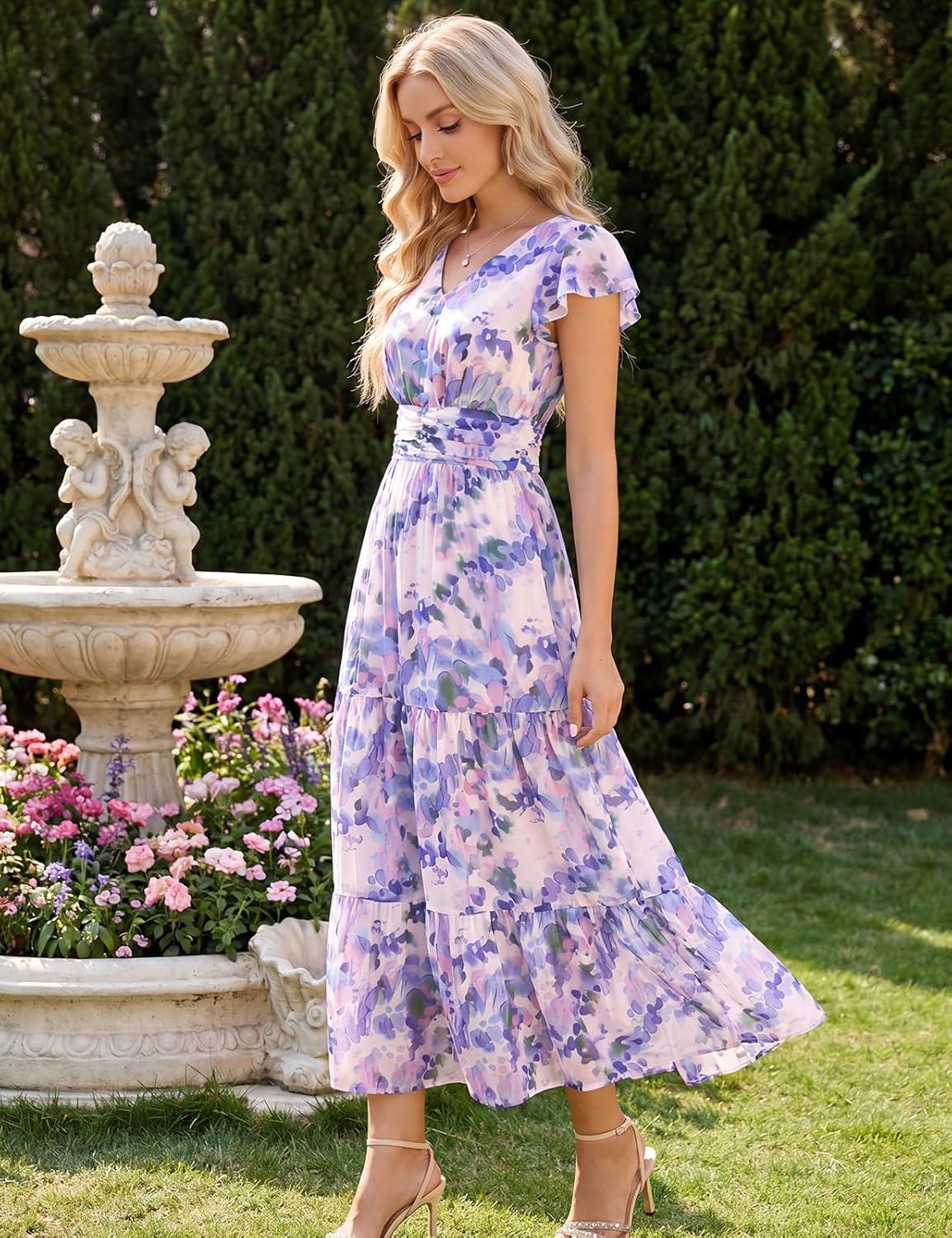 imageGRACE KARIN 2026 Women Summer DressMaxi Short Sleeve Floral DressesSemi Formal Flowy Wedding Guest Dress with PocketPurple Dotted Flowers