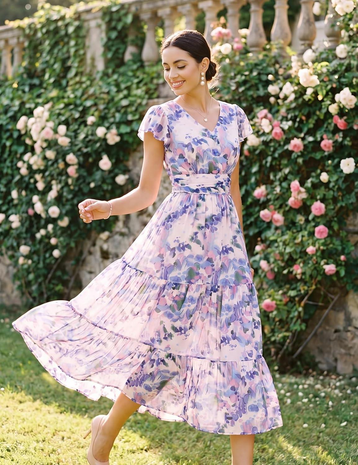 imageGRACE KARIN 2026 Women Summer DressMaxi Short Sleeve Floral DressesSemi Formal Flowy Wedding Guest Dress with PocketPurple Dotted Flowers
