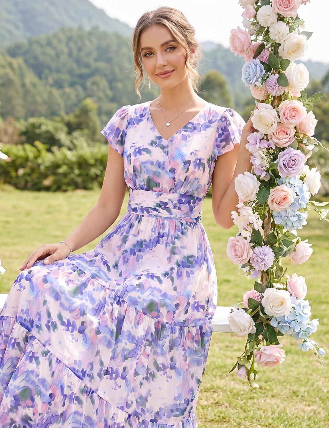 imageGRACE KARIN 2026 Women Summer DressMaxi Short Sleeve Floral DressesSemi Formal Flowy Wedding Guest Dress with PocketPurple Dotted Flowers