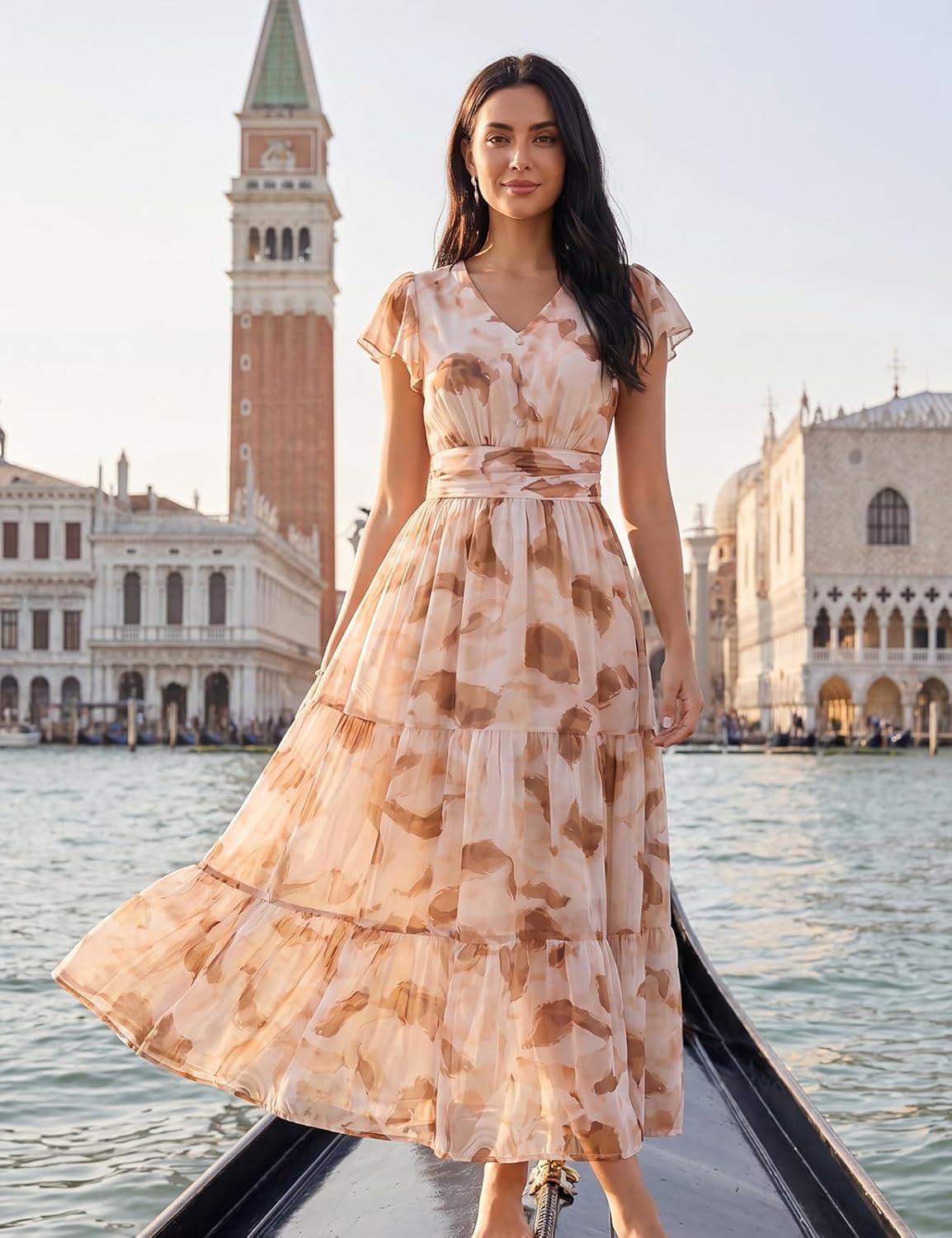 imageGRACE KARIN 2026 Women Summer DressMaxi Short Sleeve Floral DressesSemi Formal Flowy Wedding Guest Dress with PocketYellow Brown Smudged