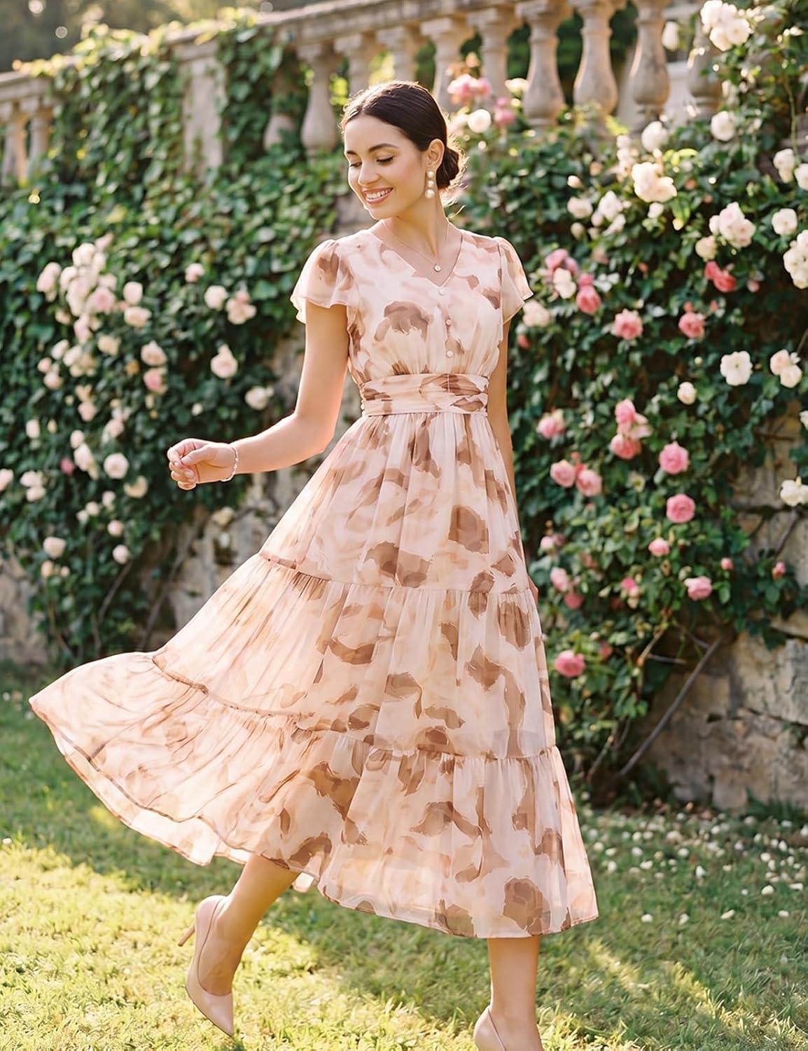 imageGRACE KARIN 2026 Women Summer DressMaxi Short Sleeve Floral DressesSemi Formal Flowy Wedding Guest Dress with PocketYellow Brown Smudged