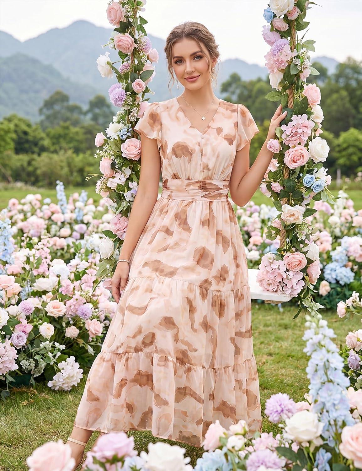 imageGRACE KARIN 2026 Women Summer DressMaxi Short Sleeve Floral DressesSemi Formal Flowy Wedding Guest Dress with PocketYellow Brown Smudged