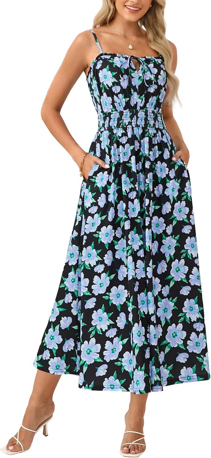 imageGRACE KARIN 2026 Womens Hawaiian Midi Sundress Summer Vacation Spaghetti Floral Clothes Boho Casual Dresses with PocketsBlue Black Floral