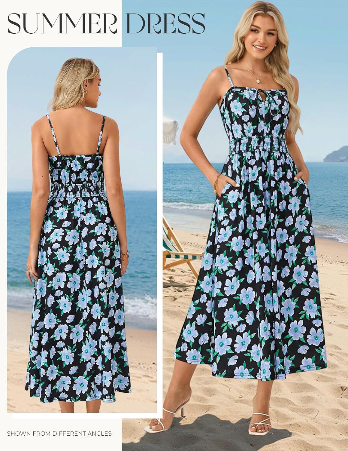 imageGRACE KARIN 2026 Womens Hawaiian Midi Sundress Summer Vacation Spaghetti Floral Clothes Boho Casual Dresses with PocketsBlue Black Floral