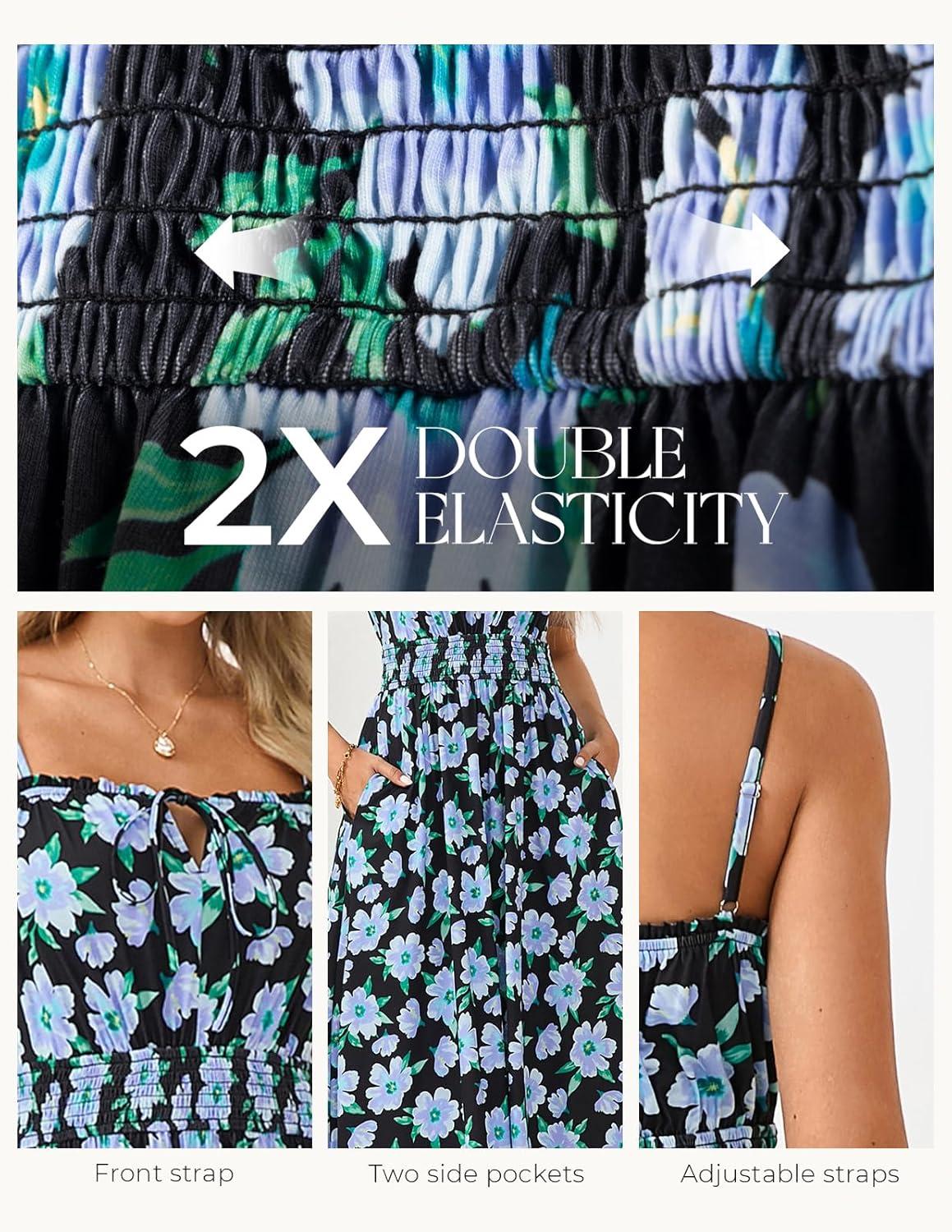 imageGRACE KARIN 2026 Womens Hawaiian Midi Sundress Summer Vacation Spaghetti Floral Clothes Boho Casual Dresses with PocketsBlue Black Floral