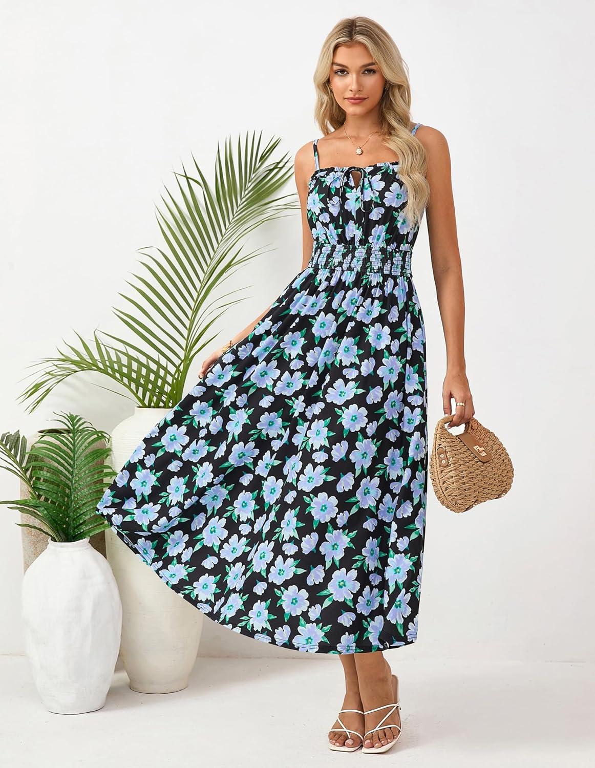 imageGRACE KARIN 2026 Womens Hawaiian Midi Sundress Summer Vacation Spaghetti Floral Clothes Boho Casual Dresses with PocketsBlue Black Floral