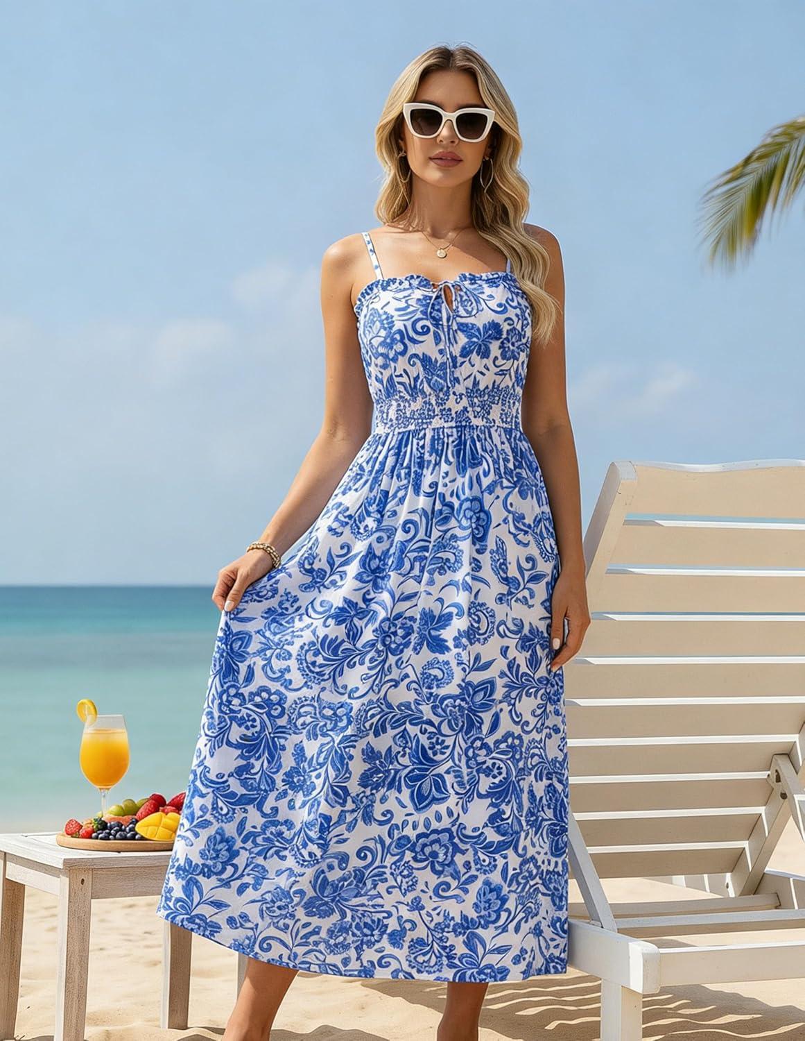 imageGRACE KARIN 2026 Womens Hawaiian Midi Sundress Summer Vacation Spaghetti Floral Clothes Boho Casual Dresses with PocketsBlue Floral