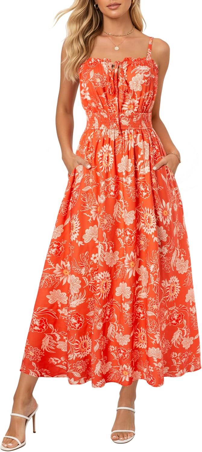 imageGRACE KARIN 2026 Womens Hawaiian Midi Sundress Summer Vacation Spaghetti Floral Clothes Boho Casual Dresses with PocketsOrange Floral