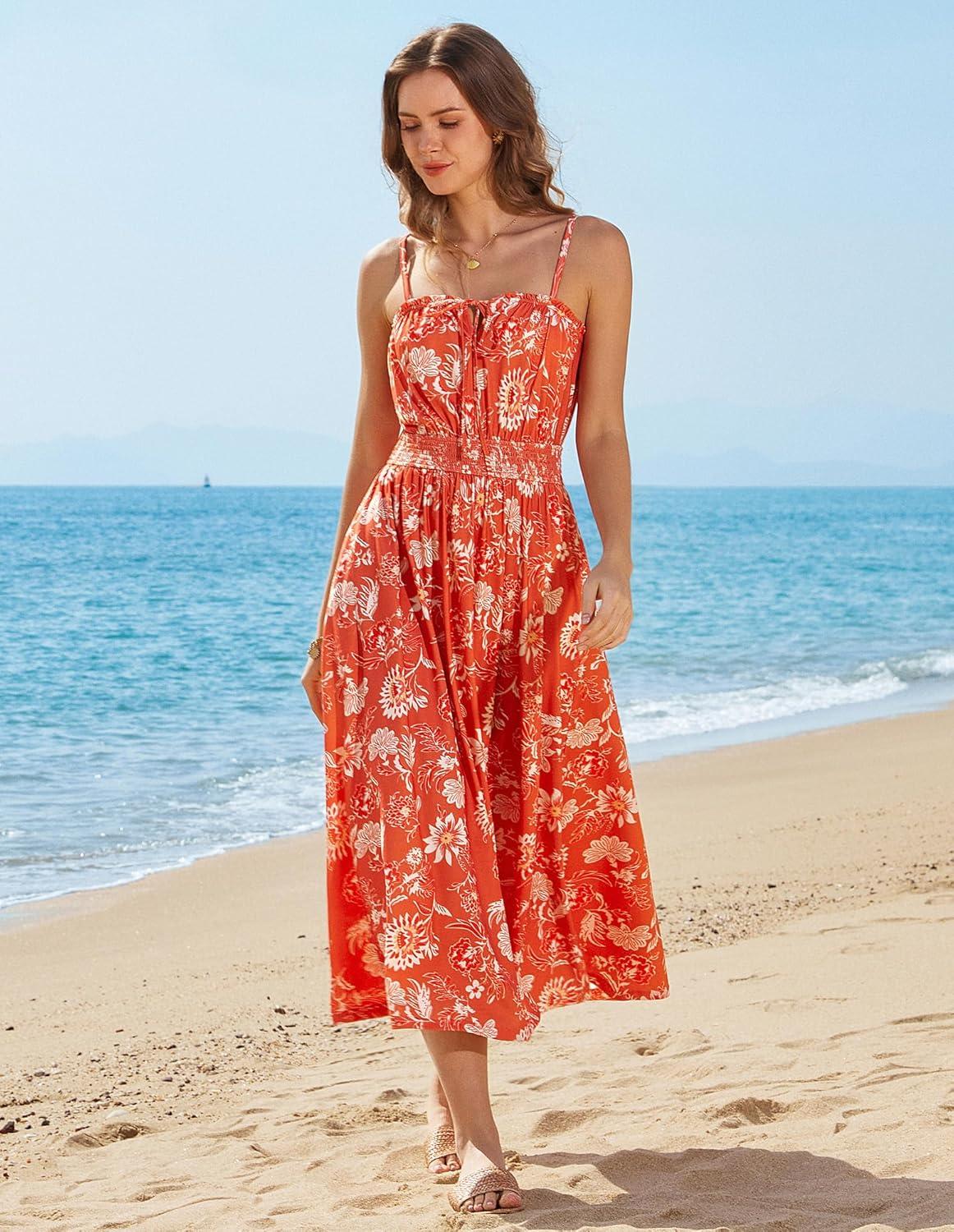 imageGRACE KARIN 2026 Womens Hawaiian Midi Sundress Summer Vacation Spaghetti Floral Clothes Boho Casual Dresses with PocketsOrange Floral