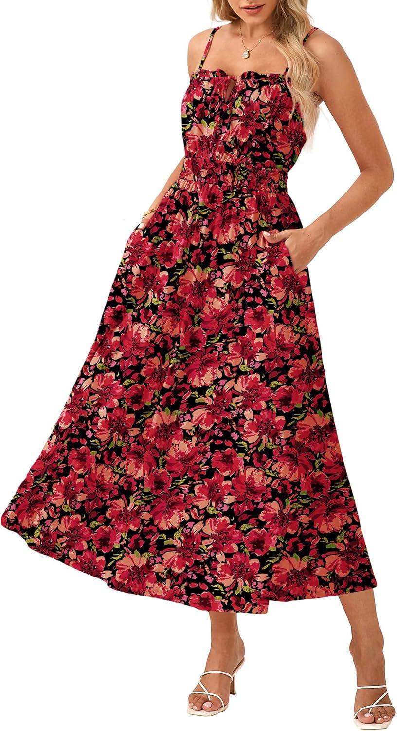 imageGRACE KARIN 2026 Womens Hawaiian Midi Sundress Summer Vacation Spaghetti Floral Clothes Boho Casual Dresses with PocketsRed Black Floral