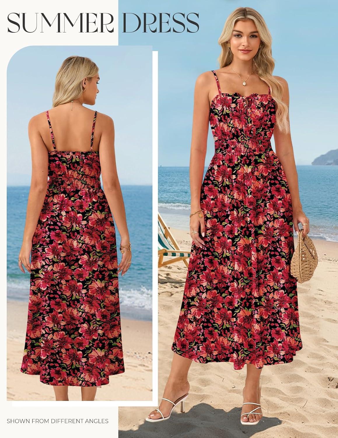 imageGRACE KARIN 2026 Womens Hawaiian Midi Sundress Summer Vacation Spaghetti Floral Clothes Boho Casual Dresses with PocketsRed Black Floral